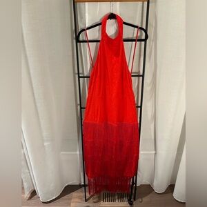 Anthropologie Red Maxi Backless Halter Dress With Fringe, Size 8, NWT